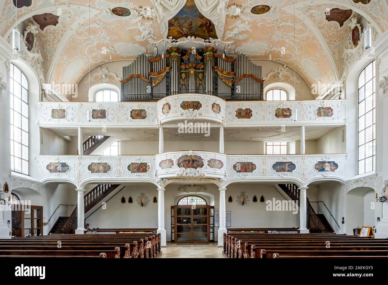 Baroque nave with organ gallery, St. John the Baptist parish church, old town, Hilpoltstein, Middle Franconia, Franconia, Bavaria, Germany Stock Photo