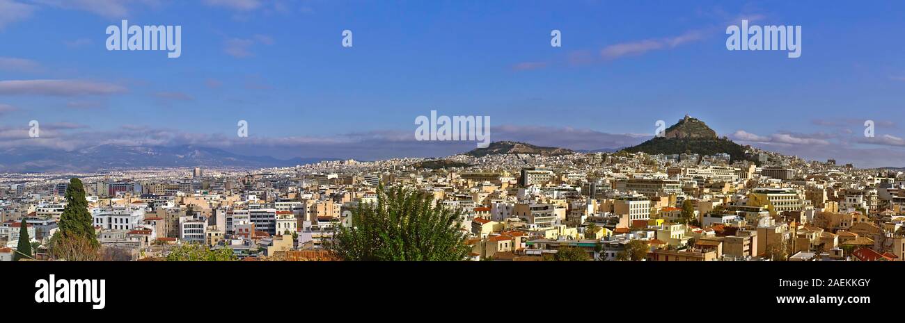 Athens panoramic view with Lycabettus hill from Anafiotika area under Acropolis, Greece. Stock Photo