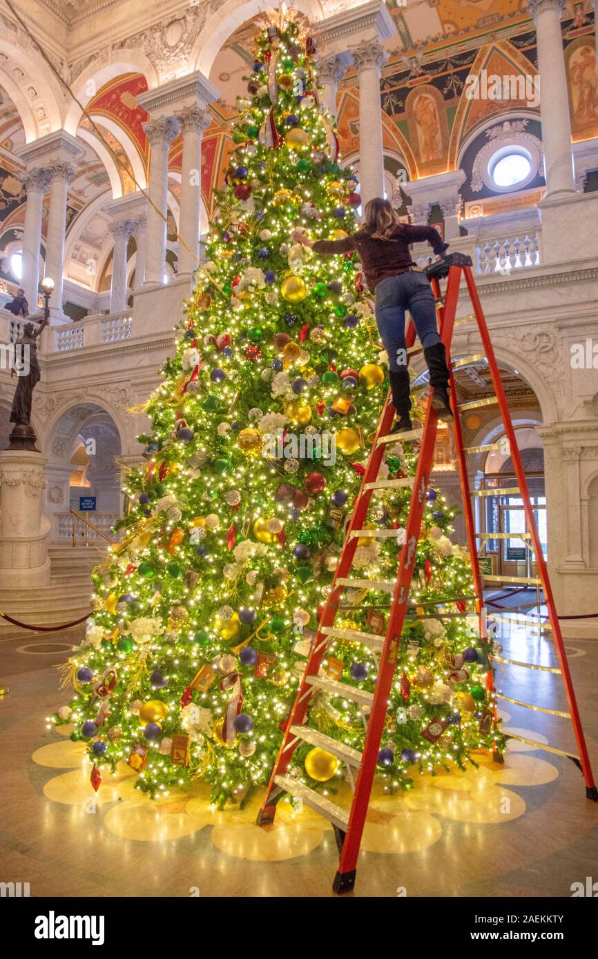 Last decorative touches are made to the Christmas tree in the Great