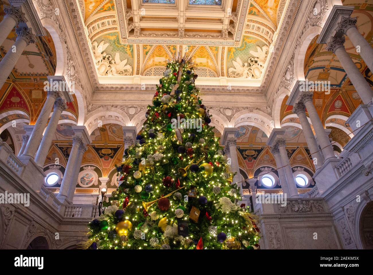 Giant Christmas tree soars up to the skylight of the the Christmas tree in  the Great Hall of the Library of Congress in Washington, DC. Holidays 2019  Stock Photo - Alamy