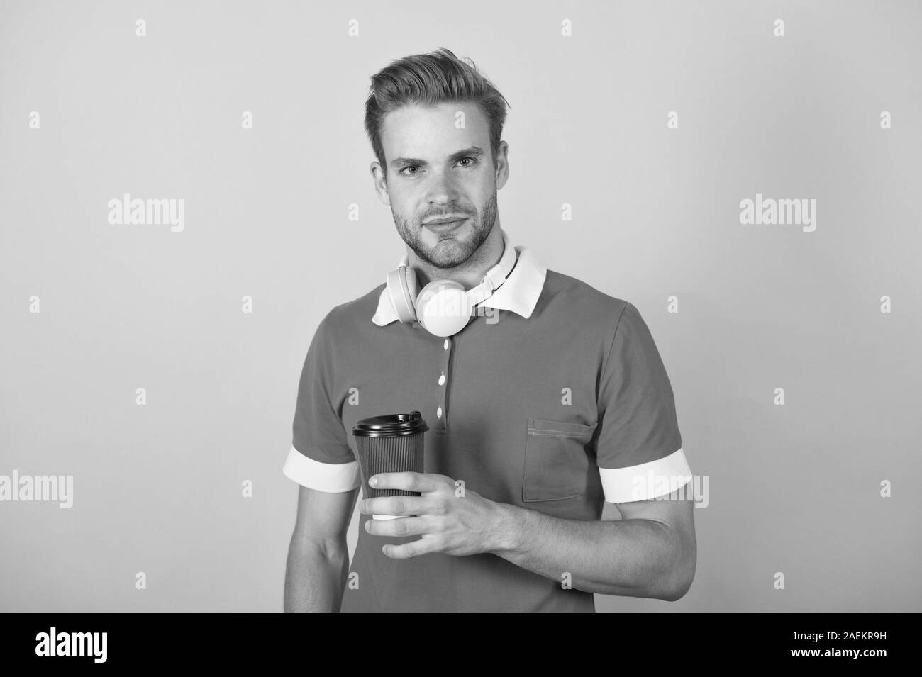 Free Time Stress Resistance Concept Guy Relaxing Listening Music Headphones While Drinking Coffee Morning Coffee Man Handsome Enjoying Perfect Inspiring Match Coffee And Song Minute To Relax Stock Photo Alamy