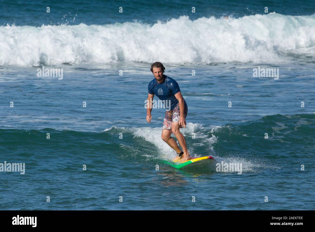 A tourist catches a wave surfing in Hanalei Bay, Kauai, Hawaii Stock Photo Alamy