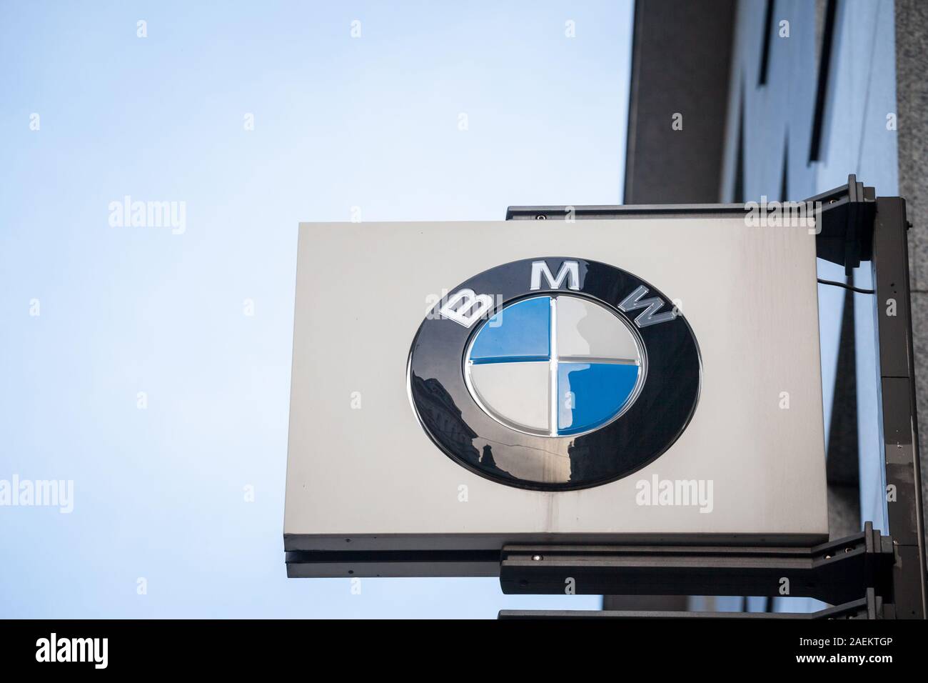 VIENNA, AUSTRIA - NOVEMBER 6, 2019: BMW logo on their main dealership store in Vienna. BMW is a German car and automotive manufacturer, specialized in Stock Photo