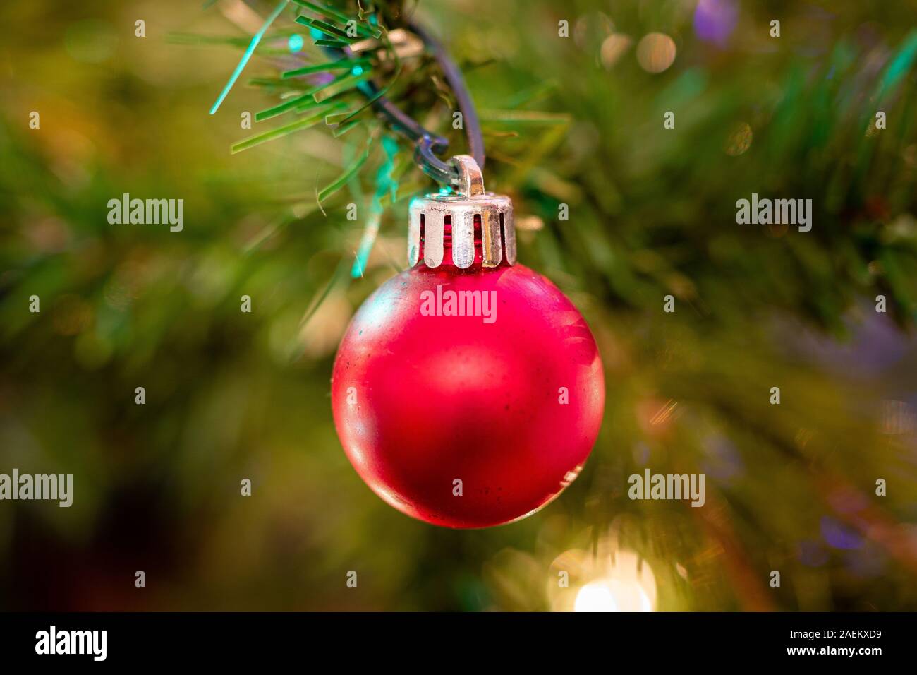 A red ball ornament on a Christmas tree Stock Photo - Alamy