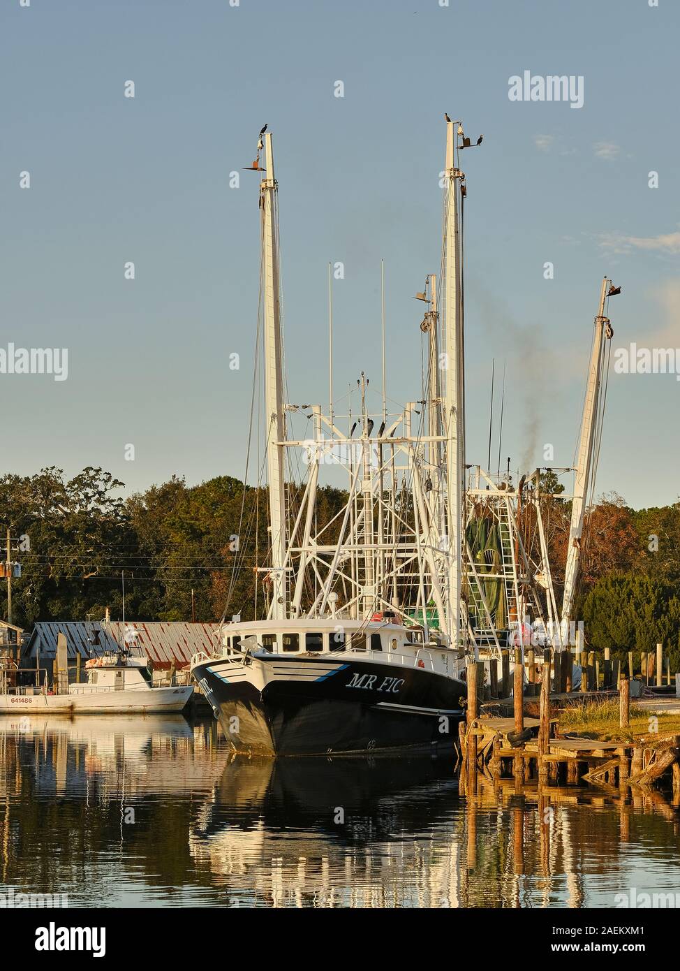 Commercial fishing boats and shrimp boats tied up, part of the fishing fleet, in Bayou La Batre Alabama, USA. Stock Photo