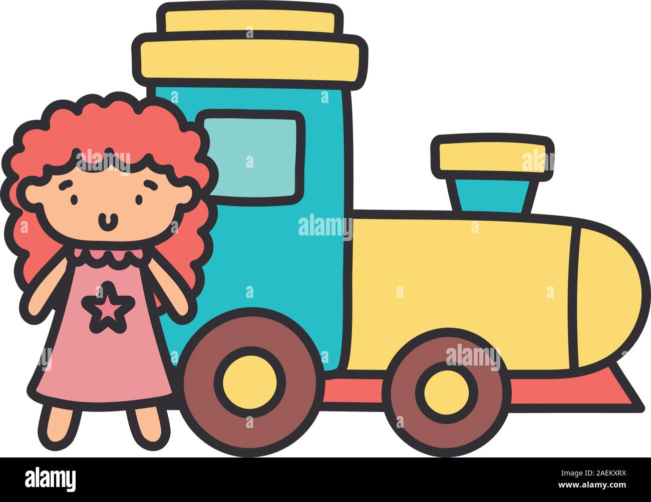 kids toy, rubber train and pink little doll toys on white background