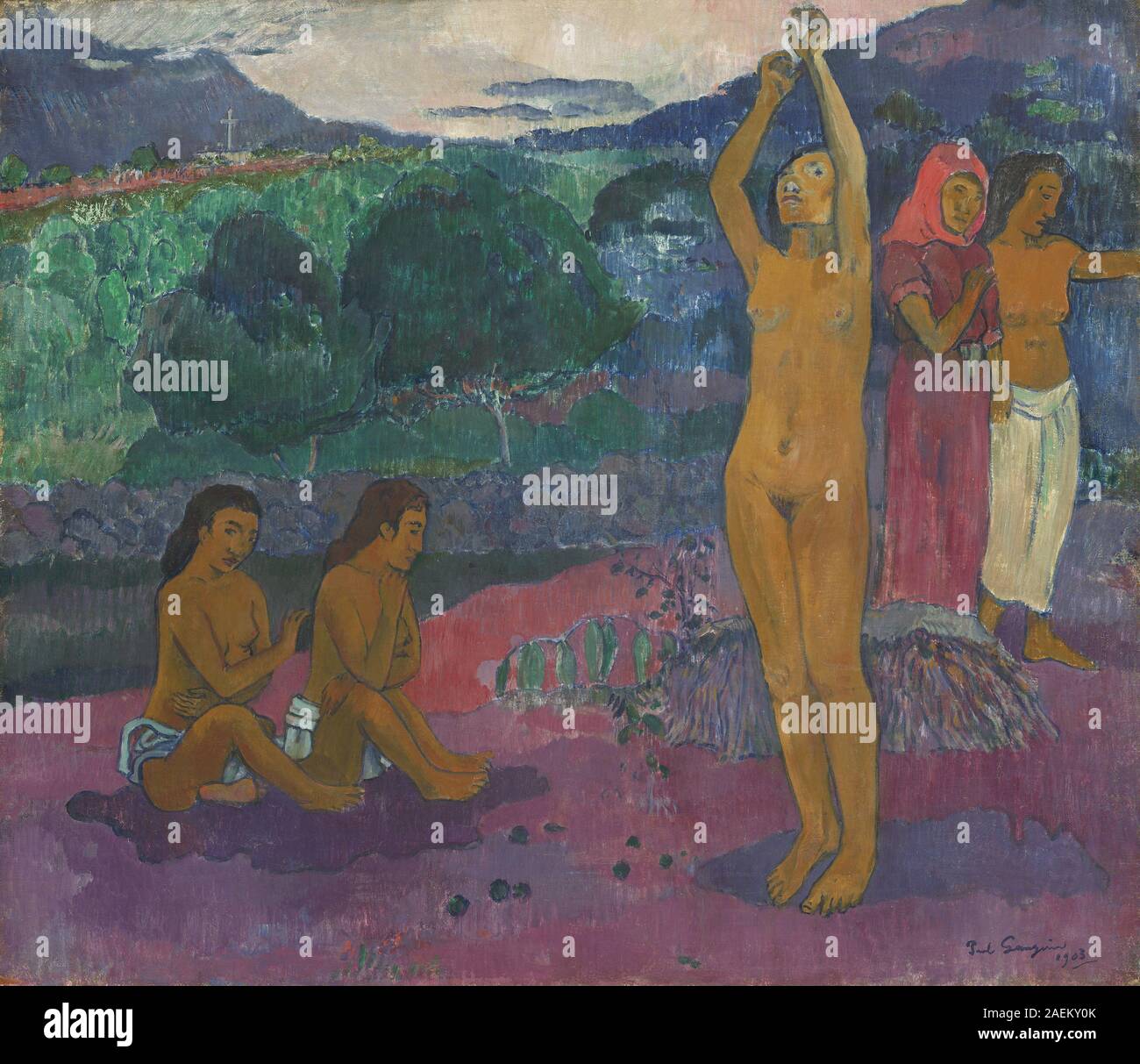 The Invocation by Paul Gauguin, 1903, depicts figures engaged in a ...