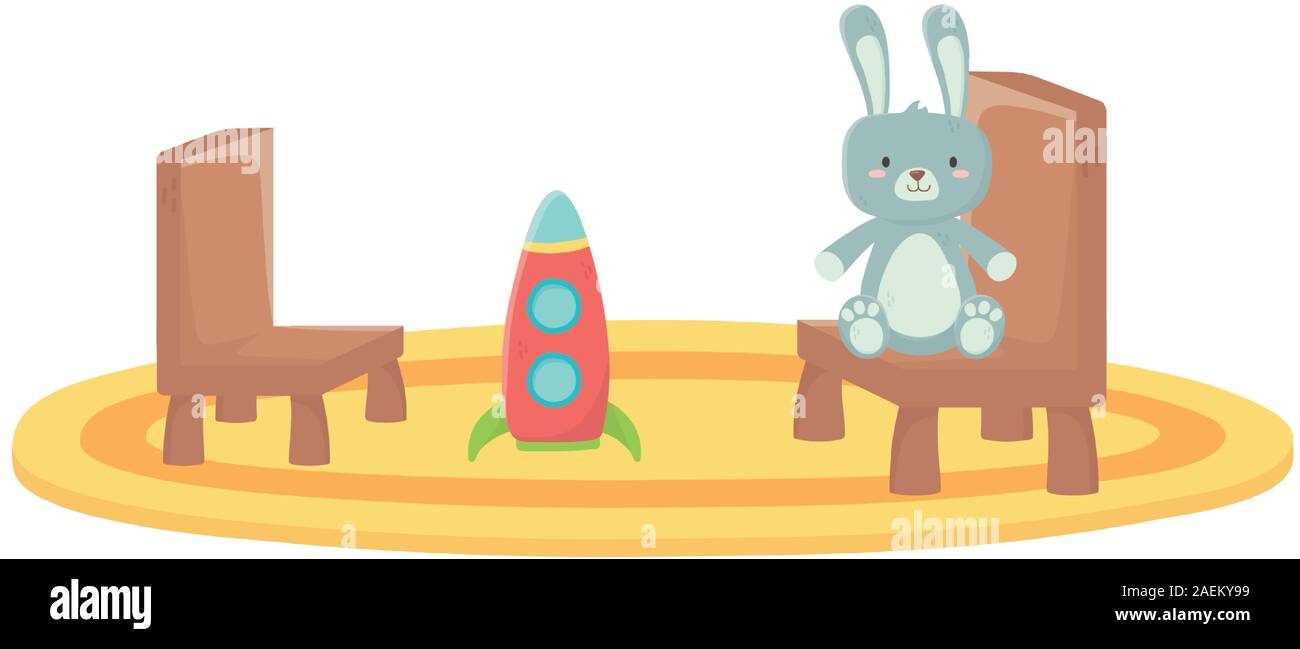 kids toy, rabbit furry and plastic rocket chairs carpet toys on white