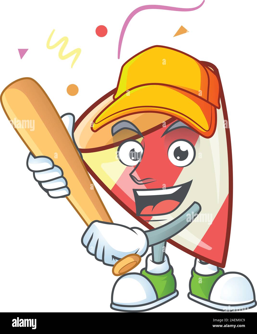 Funny smiling exploding confetti cartoon mascot playing baseball Stock ...