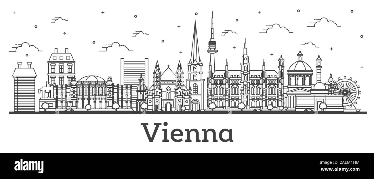 Outline Vienna Austria City Skyline with Historic Buildings Isolated on White. Vector Illustration. Vienna Cityscape with Landmarks. Stock Vector