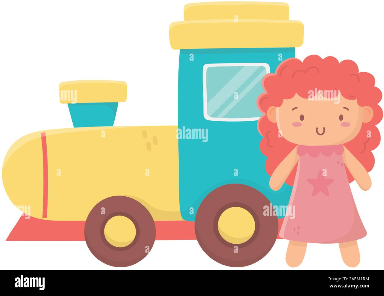 kids toy, rubber train and pink little doll toys on white background