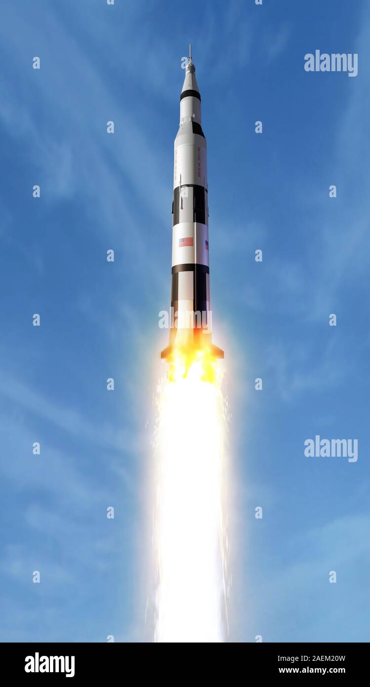 Saturn 5 rocket during launch, illustration Stock Photo