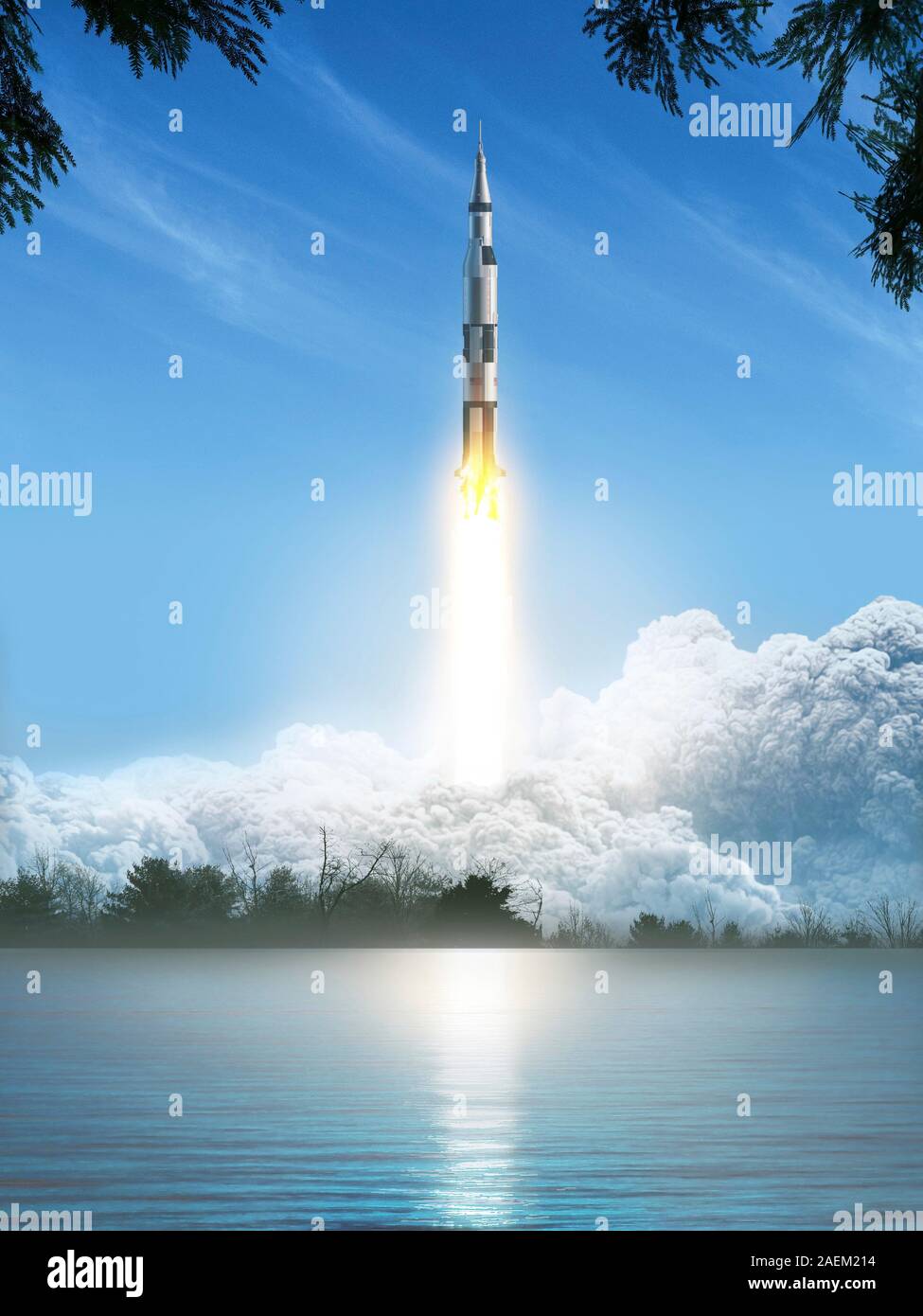 Saturn 5 rocket during launch, illustration Stock Photo