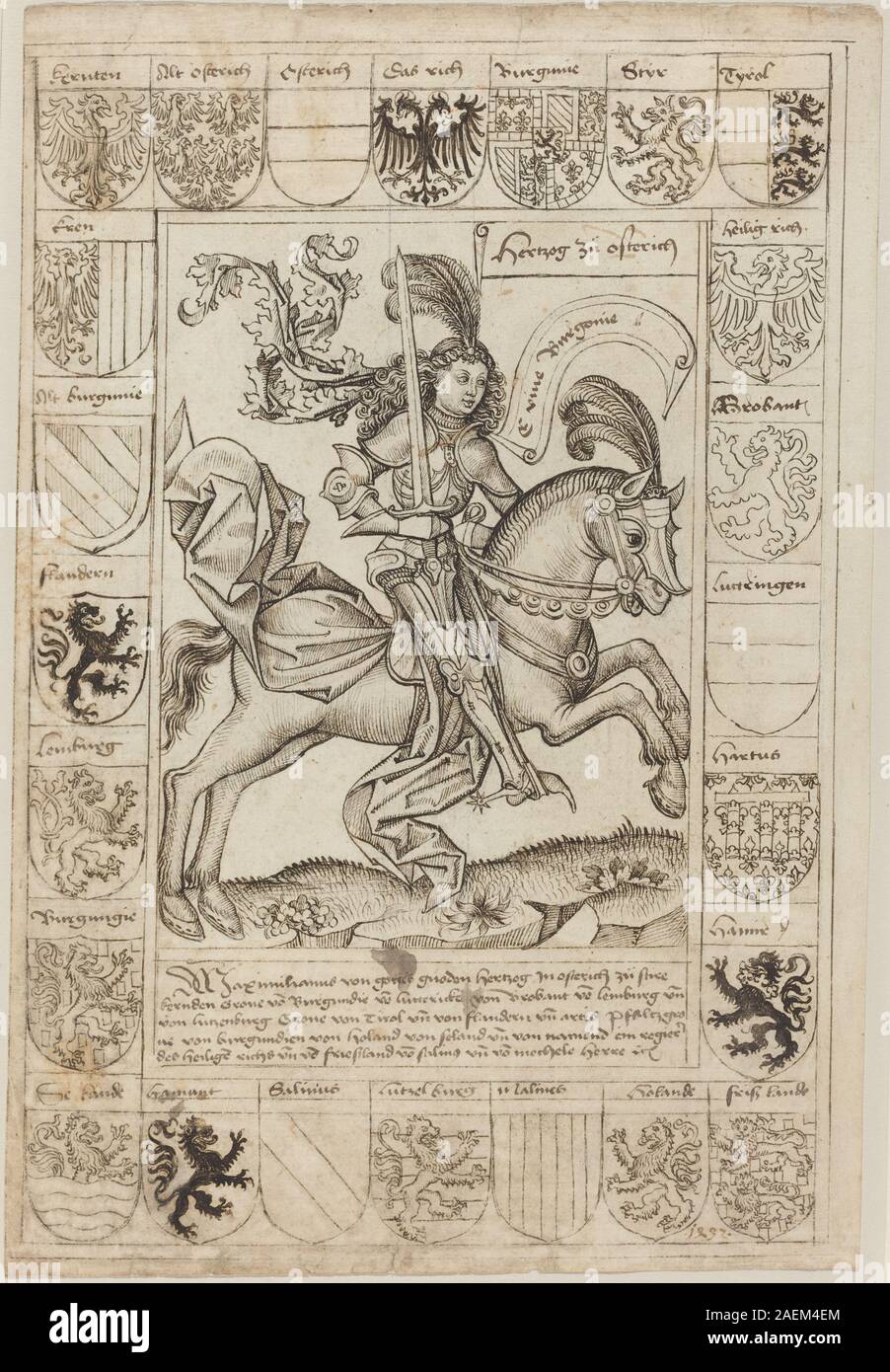 Primary Master of the Strassburg Chronicle, Maximilian, Duke of Austria, on Horseback, 1492 Maximilian, Duke of Austria, on Horseback; 1492date Stock Photo