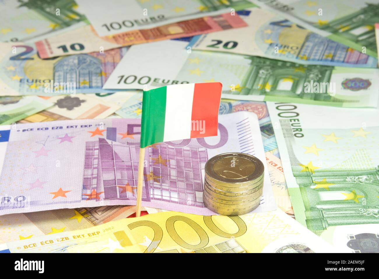 Euro bills and flag of Italy Stock Photo