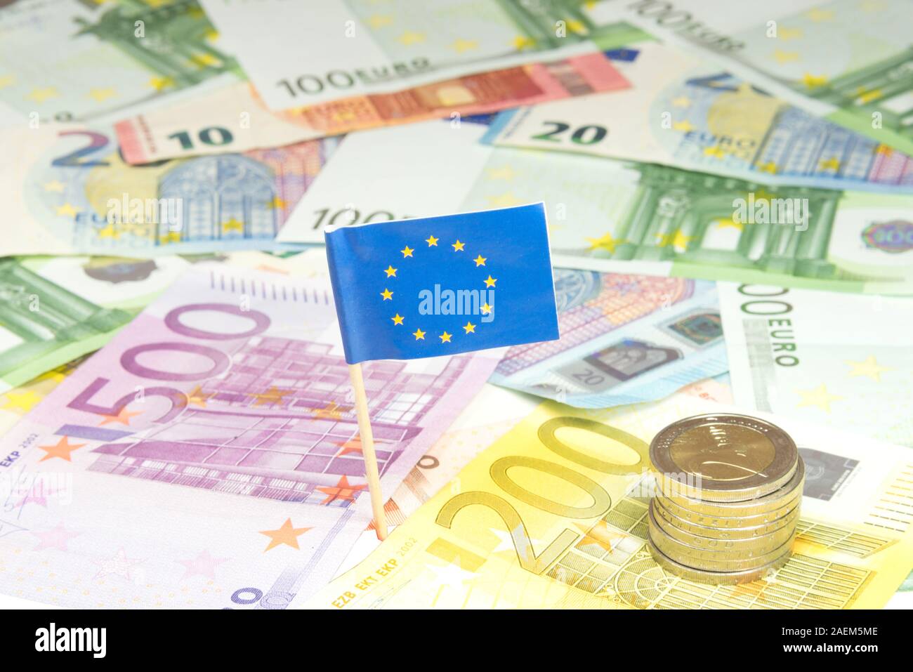 Euro bills and flag of European Union EU Stock Photo