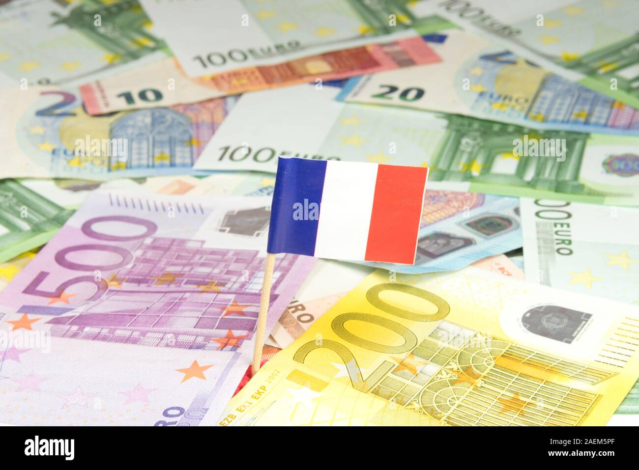 Euro bills and flag of France Stock Photo