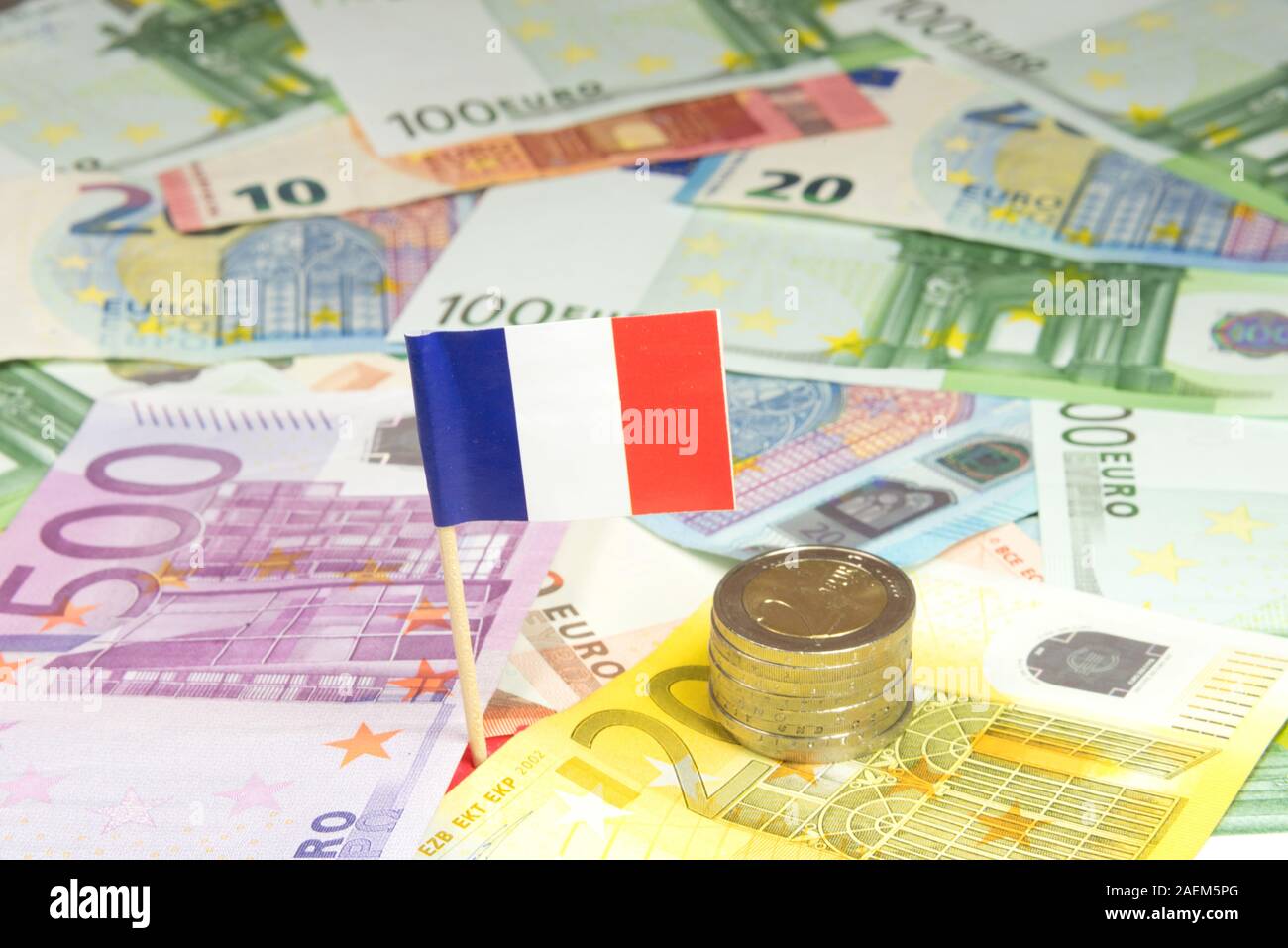 Euro bills and flag of France Stock Photo