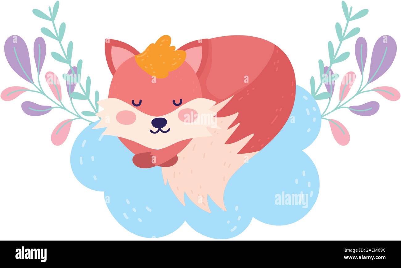 baby shower cute sleeping fox on cloud with foliage cartoon vector ...