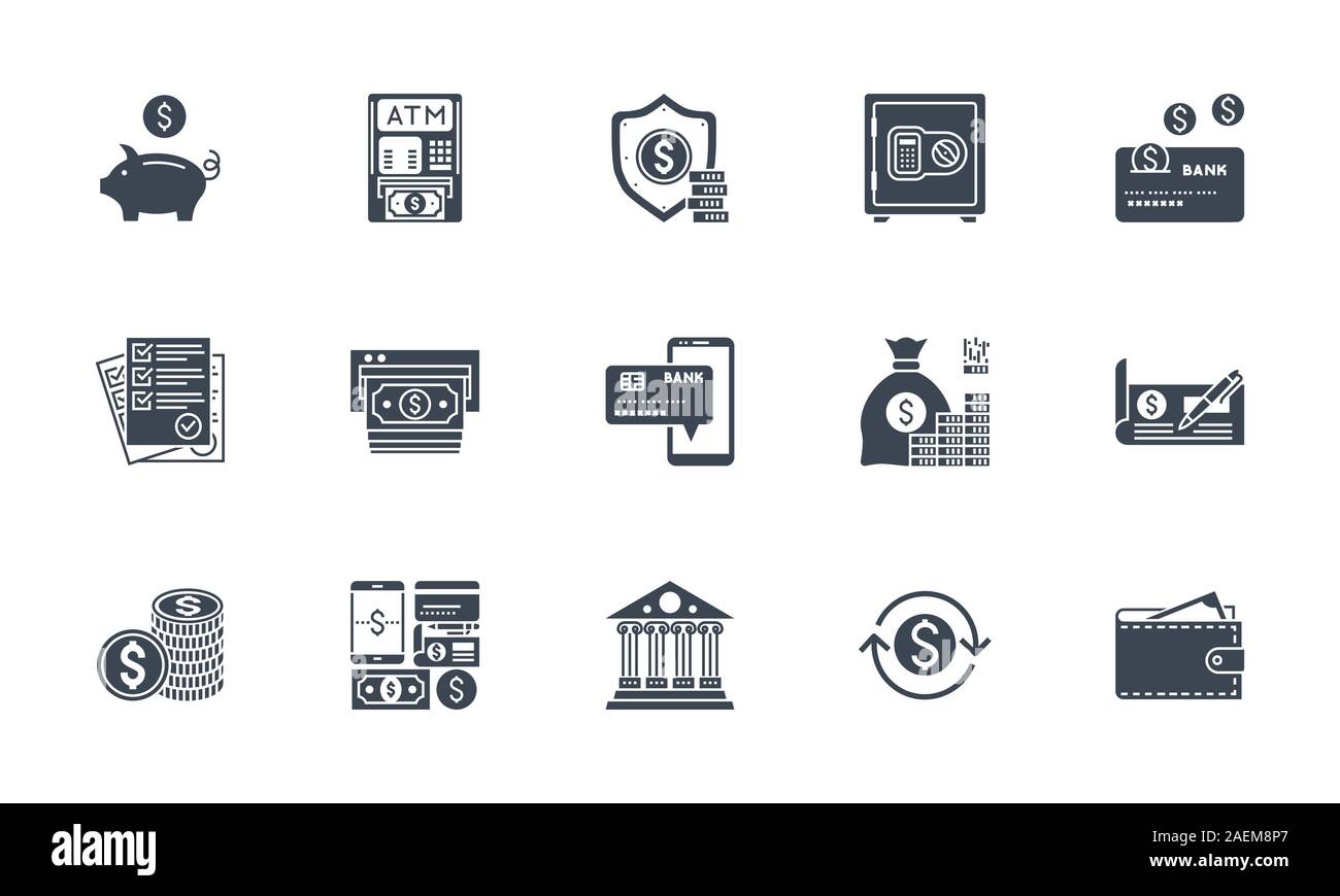 Banking icons set. Related vector glyph icons. Stock Vector