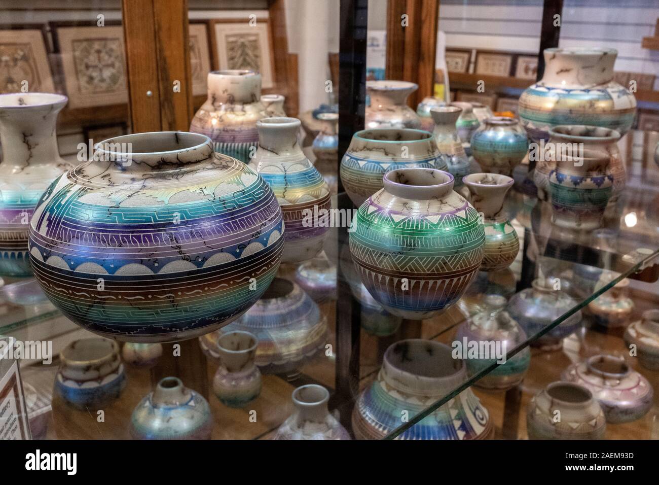 Rainbow Horsehair Pottery by Hilda Whitegoat (Navajo) sold in Old Town Albuquerque, New Mexico