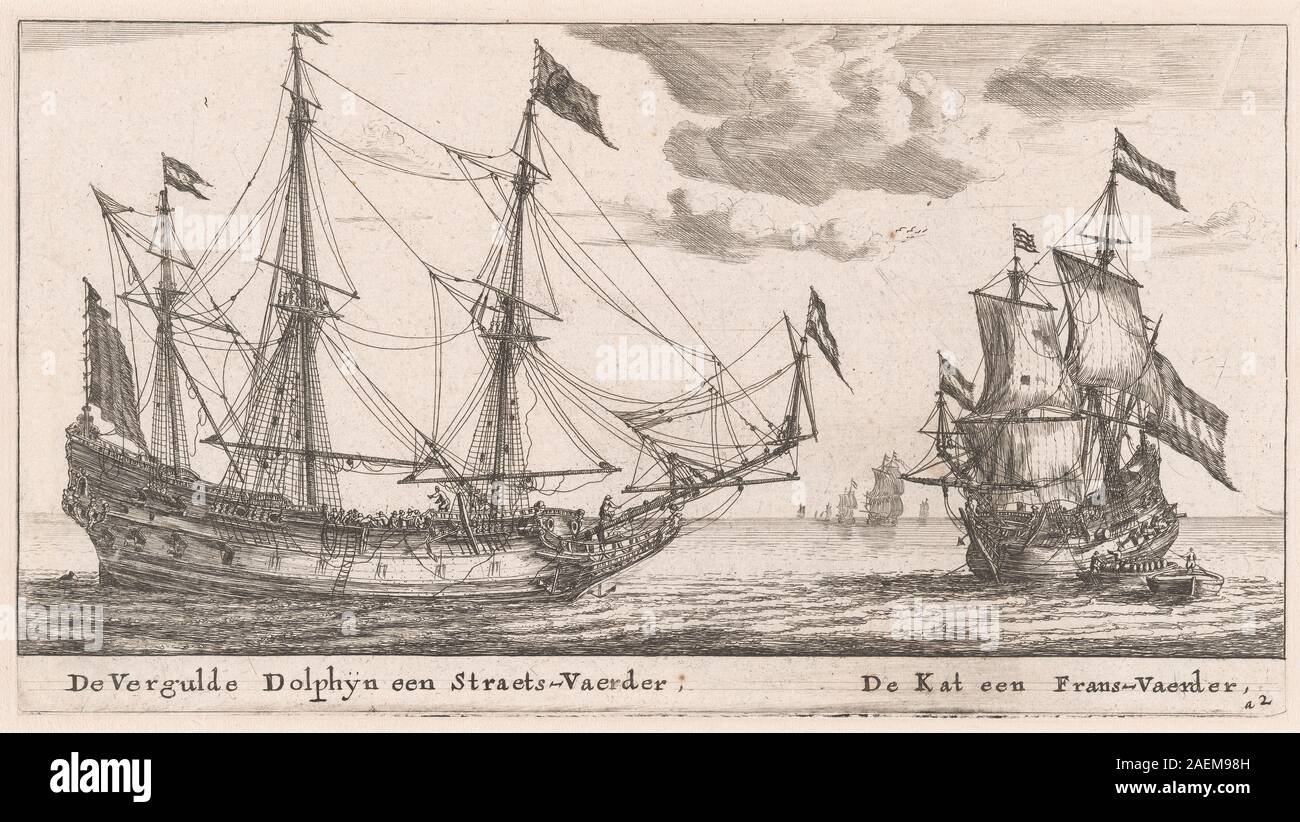Reinier Nooms, called Zeeman, The Vergulde Dolphyn, a Large Merchant Vessel, and the Kat, a Flute, c 1652 -1654, The Vergulde Dolphyn, a Large Merchant Vessel, and the Kat, a Flute; c. 1652 /1654 Stock Photo