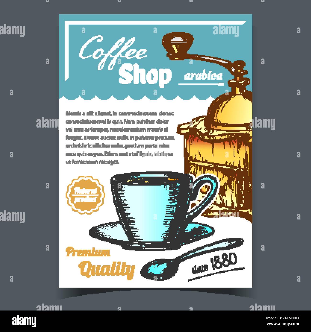 Old Manual Coffee Grinder And Cup Poster Vector Stock Vector