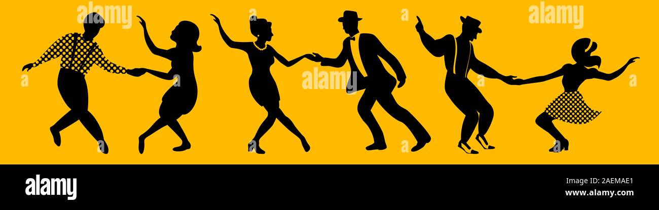 Horisontal banner with three dancing couples silhouettes on yellow background. People in 1940s or 1950s style. Vector illustration. Stock Vector