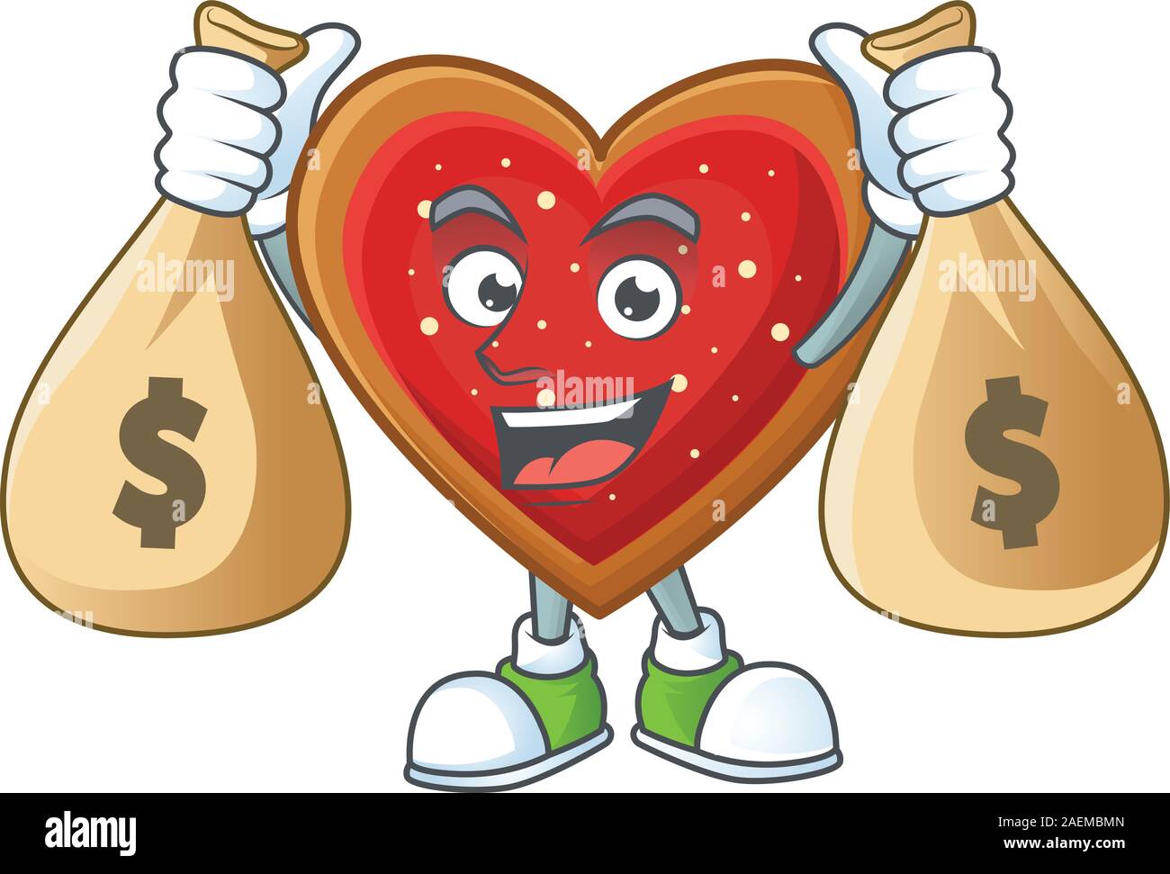 Cute love cookies cartoon character smiley with money bag Stock Vector