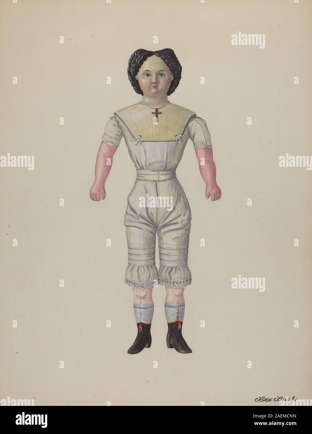 This circa 1937 Greiner Doll Minerva by Rex F. Bush features  compositionally detailed doll form, painted features, and textile clothing  typical of early 20th-century doll production Stock Photo