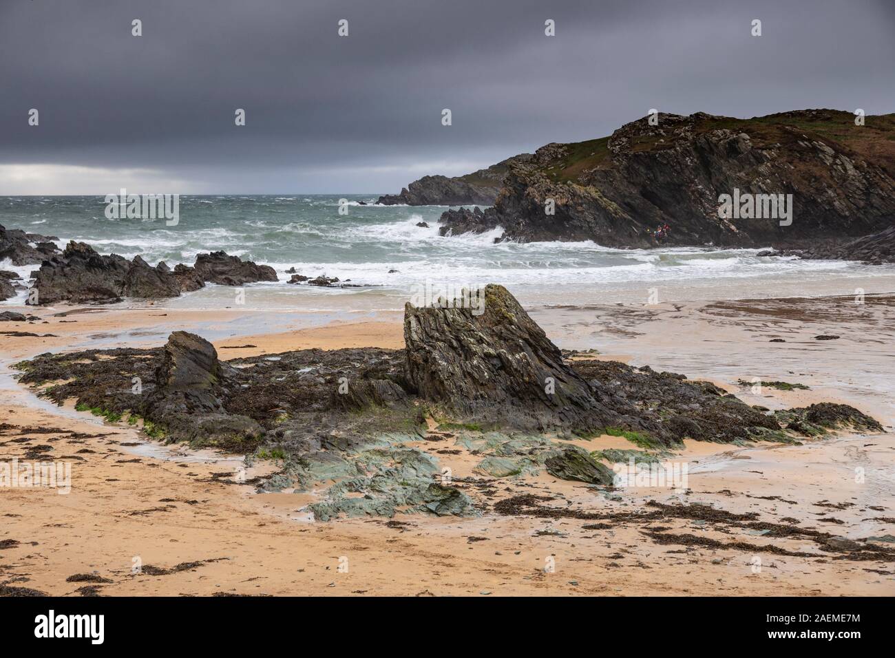 Stormy weather at Porth Dafarch, Anglesey on the North Wales coast Stock Photo