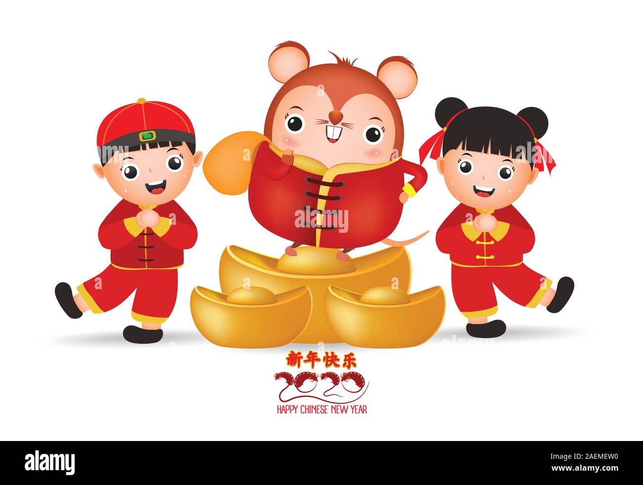 2020 Chinese new year - Year of the Rat. Set of cute cartoon rat ...