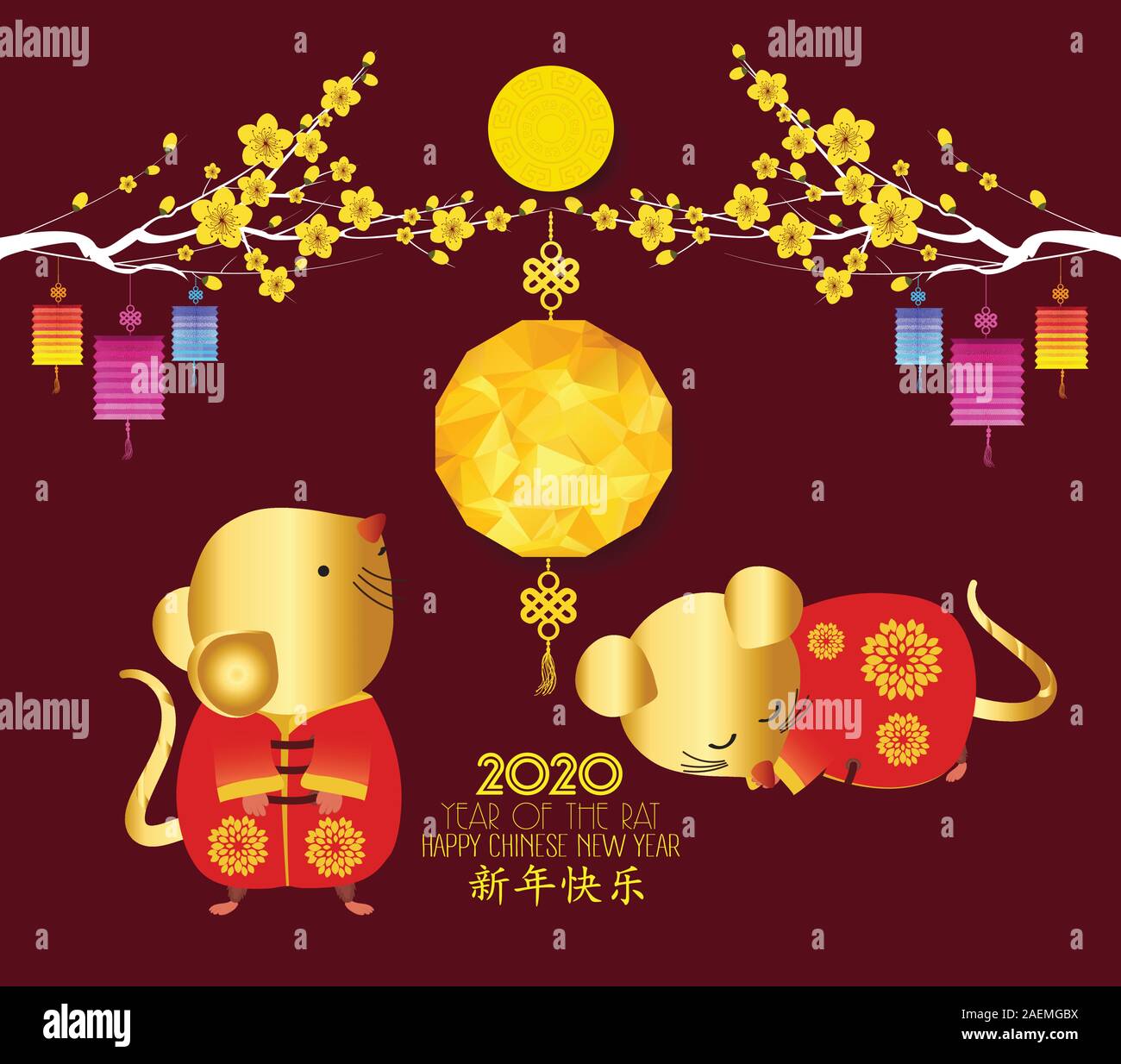 Cartoon cute rat carrying big Chinese gold Ingot. The year 2020 of the ...