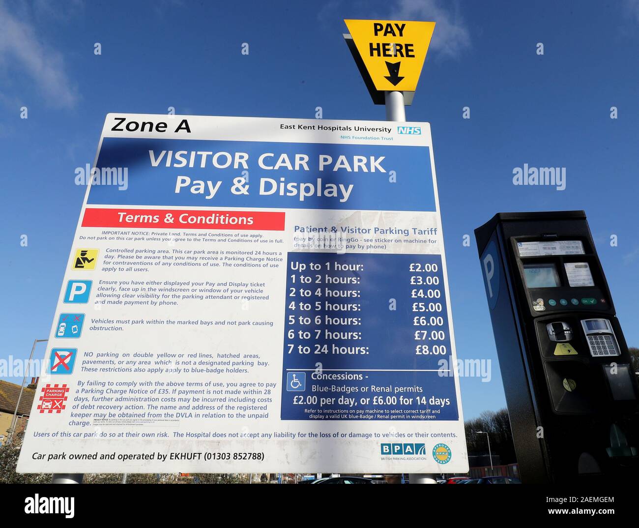A view of parking charges at Buckland Hospital in Dover, Kent, which is