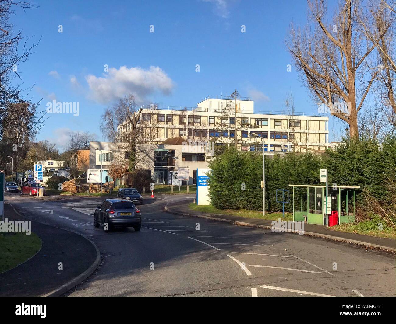 A general view St Peter's Hospital near Chertsey, Surrey. A study by PA news agency has found hospitals made more than ??254 million from parking in 2018/19, with Ashford and St Peter's Hospitals NHS Foundation Trust charging ??3.50 for a one-hour stay. Stock Photo