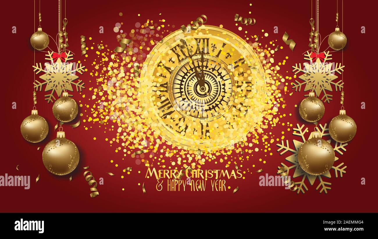 Happy New Year - New Year Shining background with gold clock and balls ...