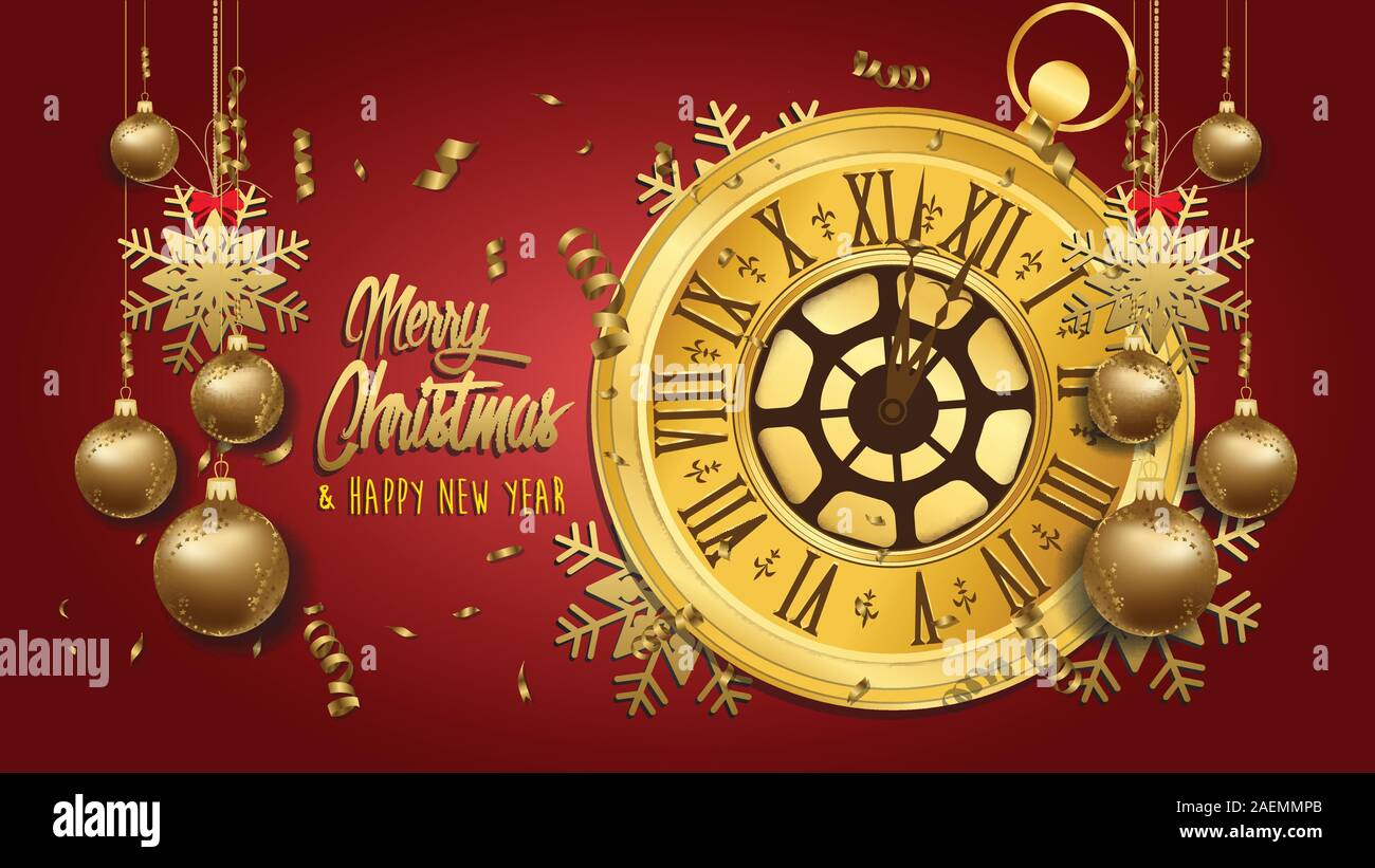 Happy New Year - New Year Shining background with gold clock and balls ...