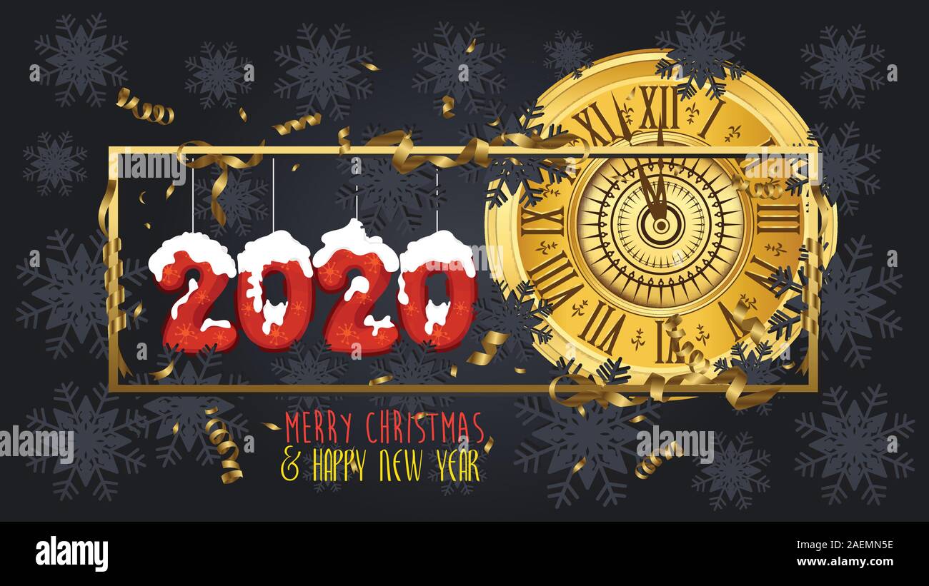 Happy new year 2020. Gold glitter. Golden clock isolated on black background Stock Vector