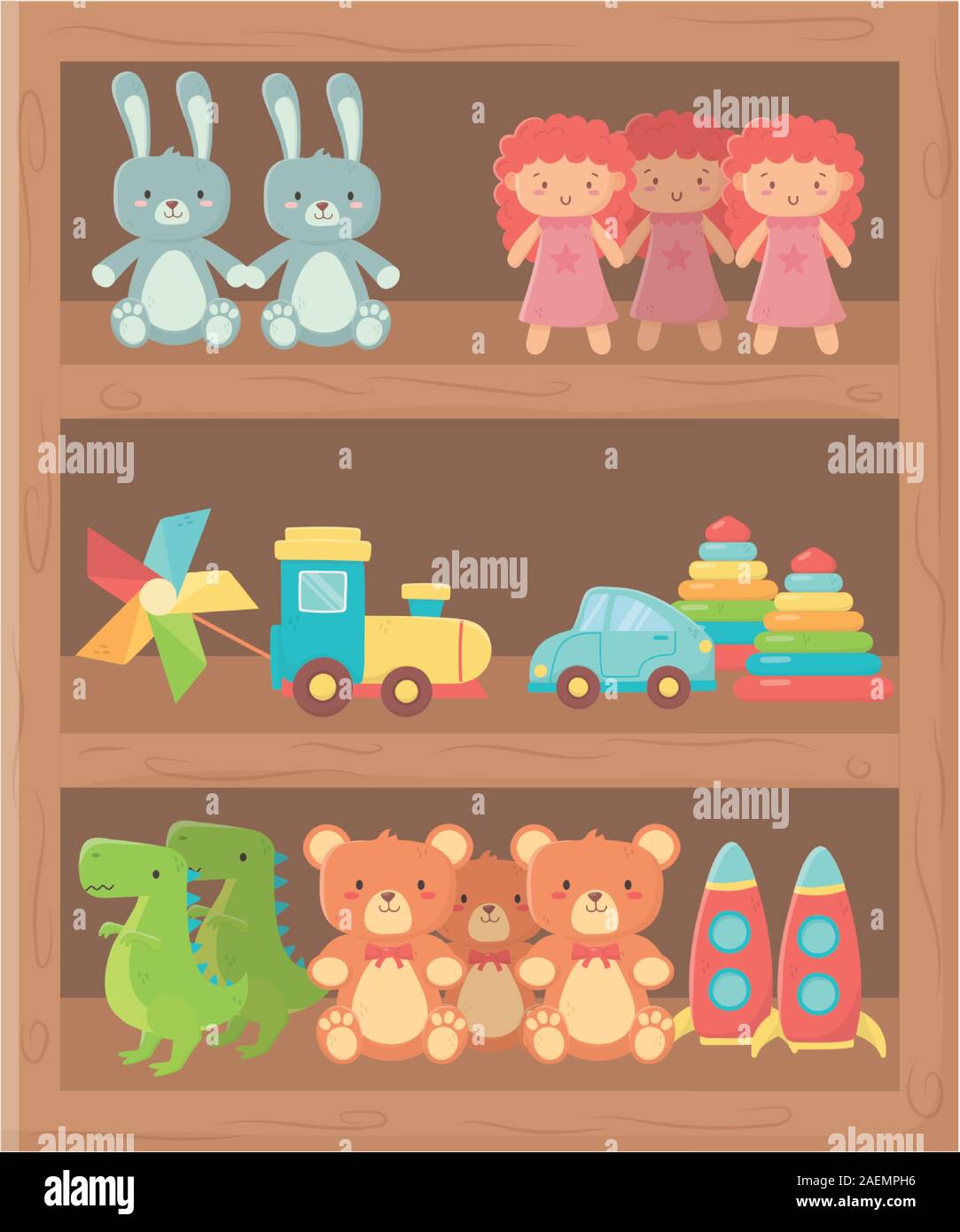 kids toy, wooden shelf furniture with toys on white background vector