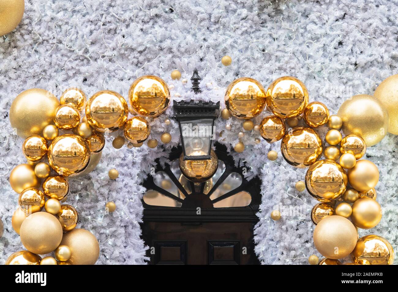 Christmas decorations on the exterior of Annabels Private Club. Berkeley Square, Mayfair, London, England Stock Photo