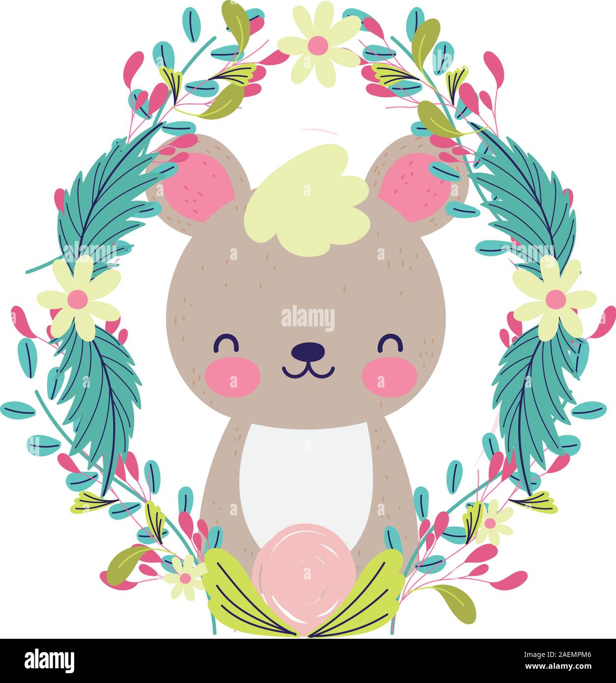 baby shower cute little bear wreath flowers foliage vector illustration ...