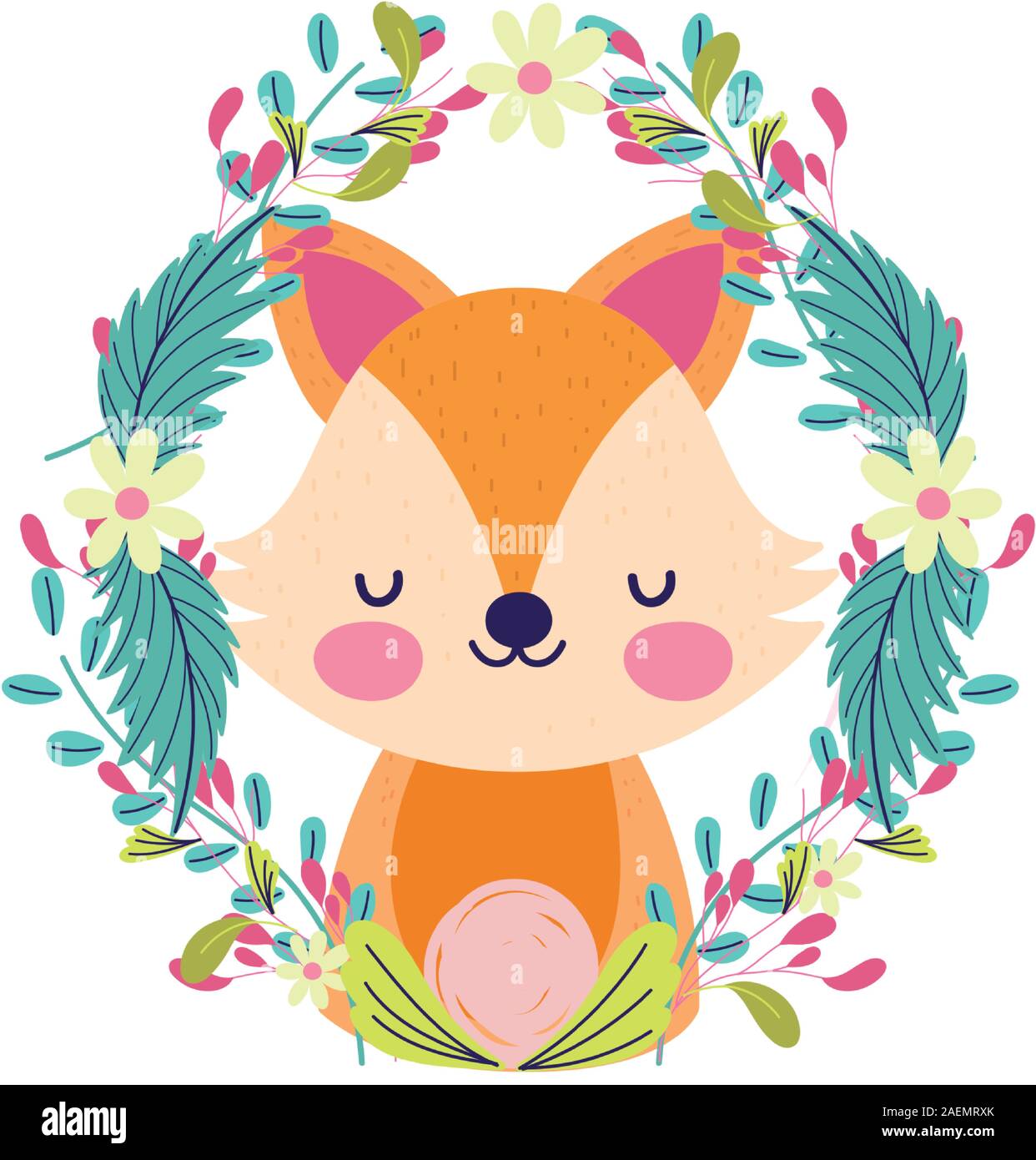 baby shower cute little fox wreath flowers foliage vector illustration ...