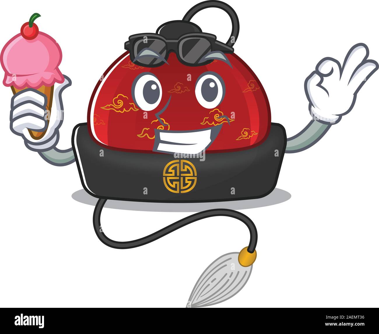 cartoon Mascot featuring traditional chinese hat with ice cream Stock