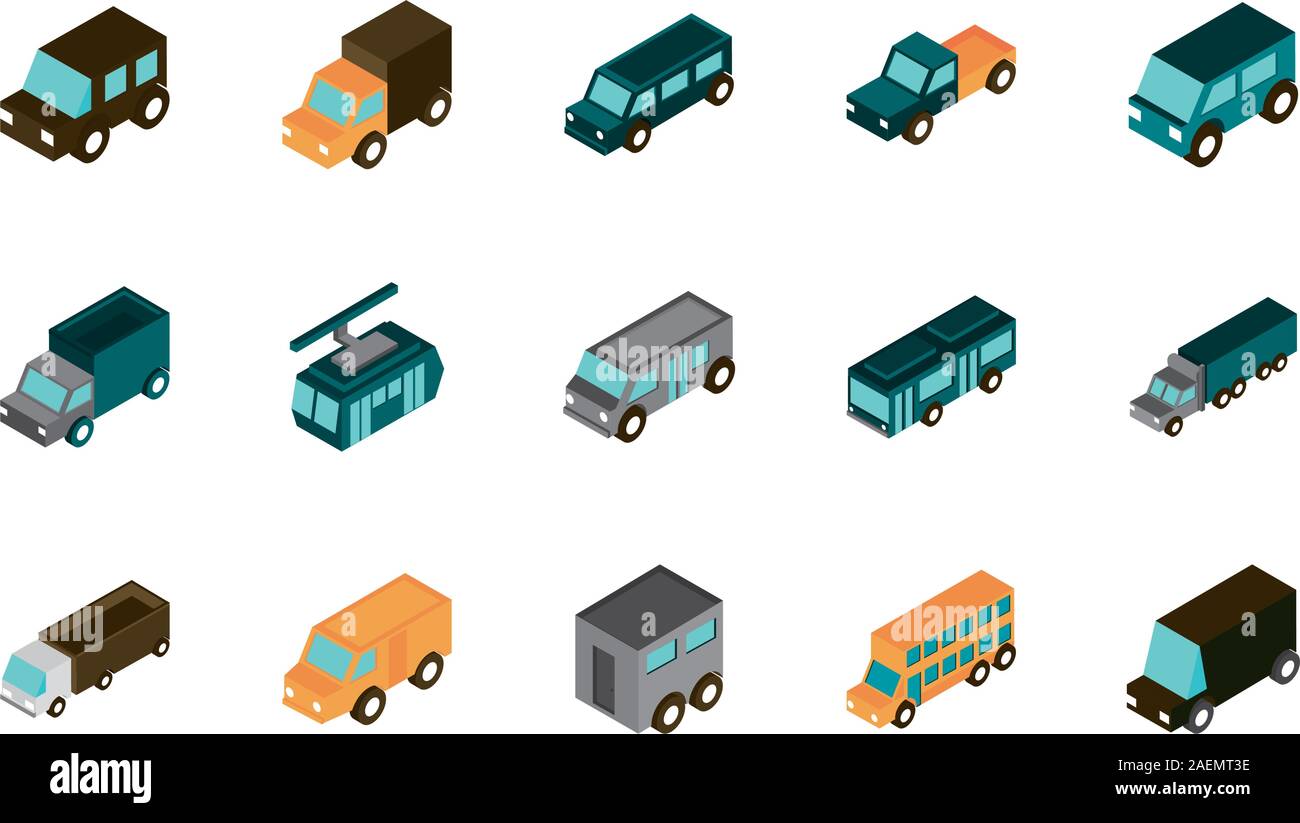 transport car truck vehicles isometric icons set vector illustration ...