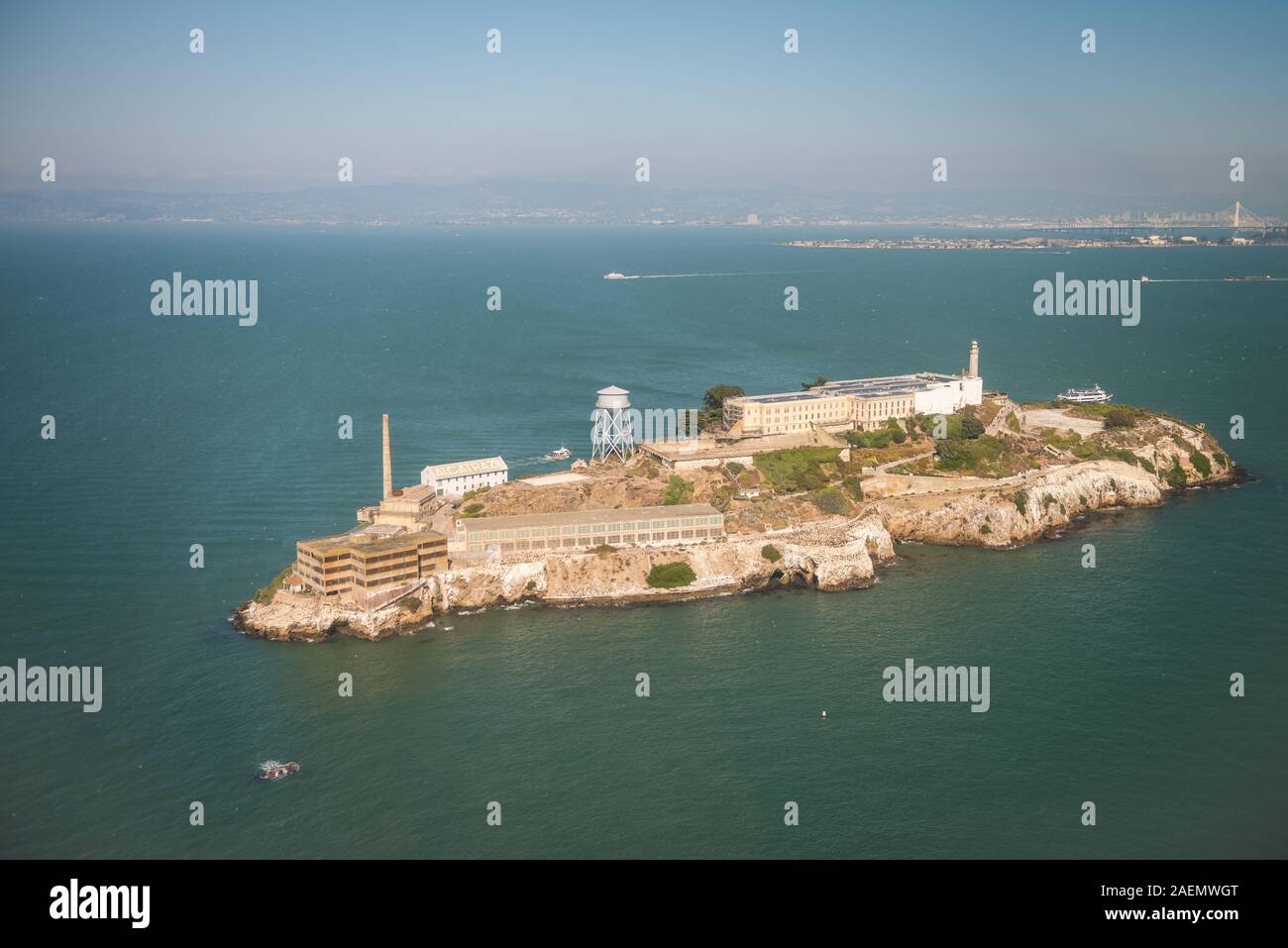 Aerial helicopter view of Alcatraz Island, San Francisco. Stock Photo