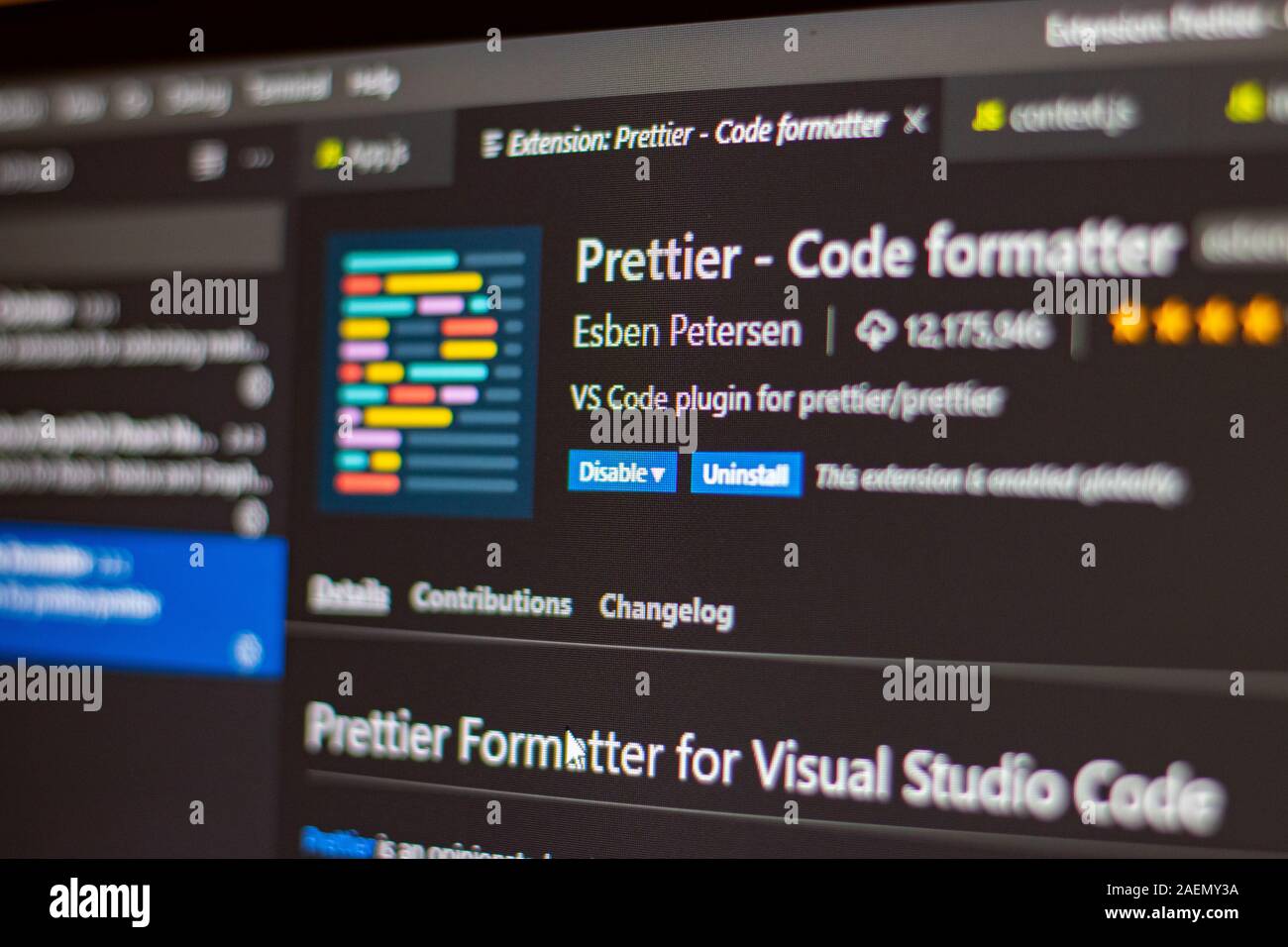 Visual studio code extension Prettier code formatter, free extension Stock Photo