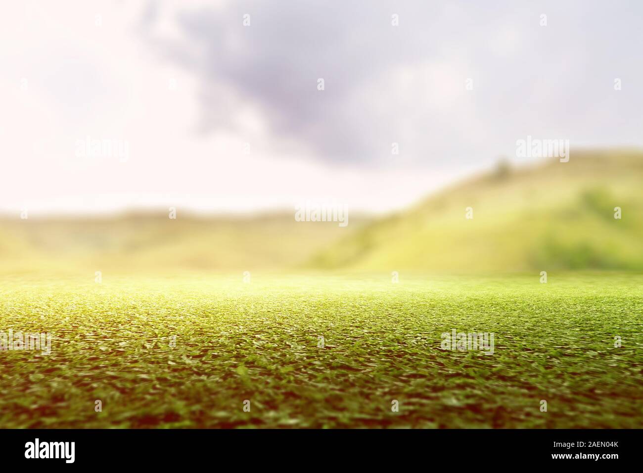 Close up view of green grass field with hills and blue sky background ...