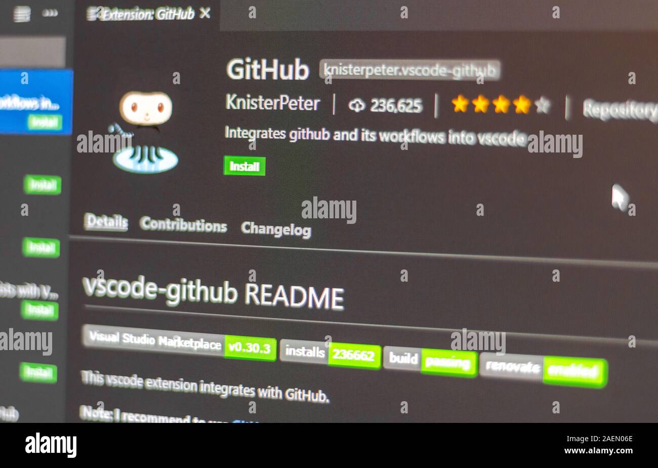 Github visual studio code extension that integrates github into vscode. Stock Photo