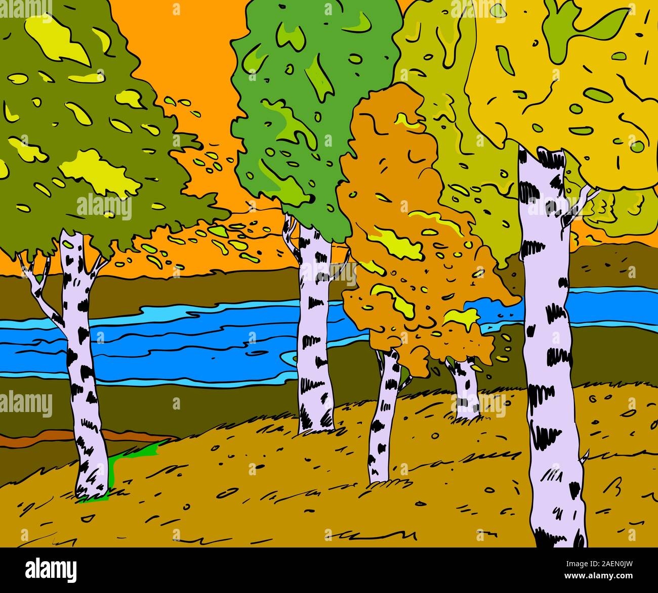 autumn sunny landscape with forest river - vector illustration Stock ...