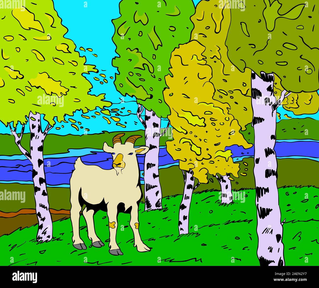 autumn sunny landscape with forest river and goat - vector illustration ...